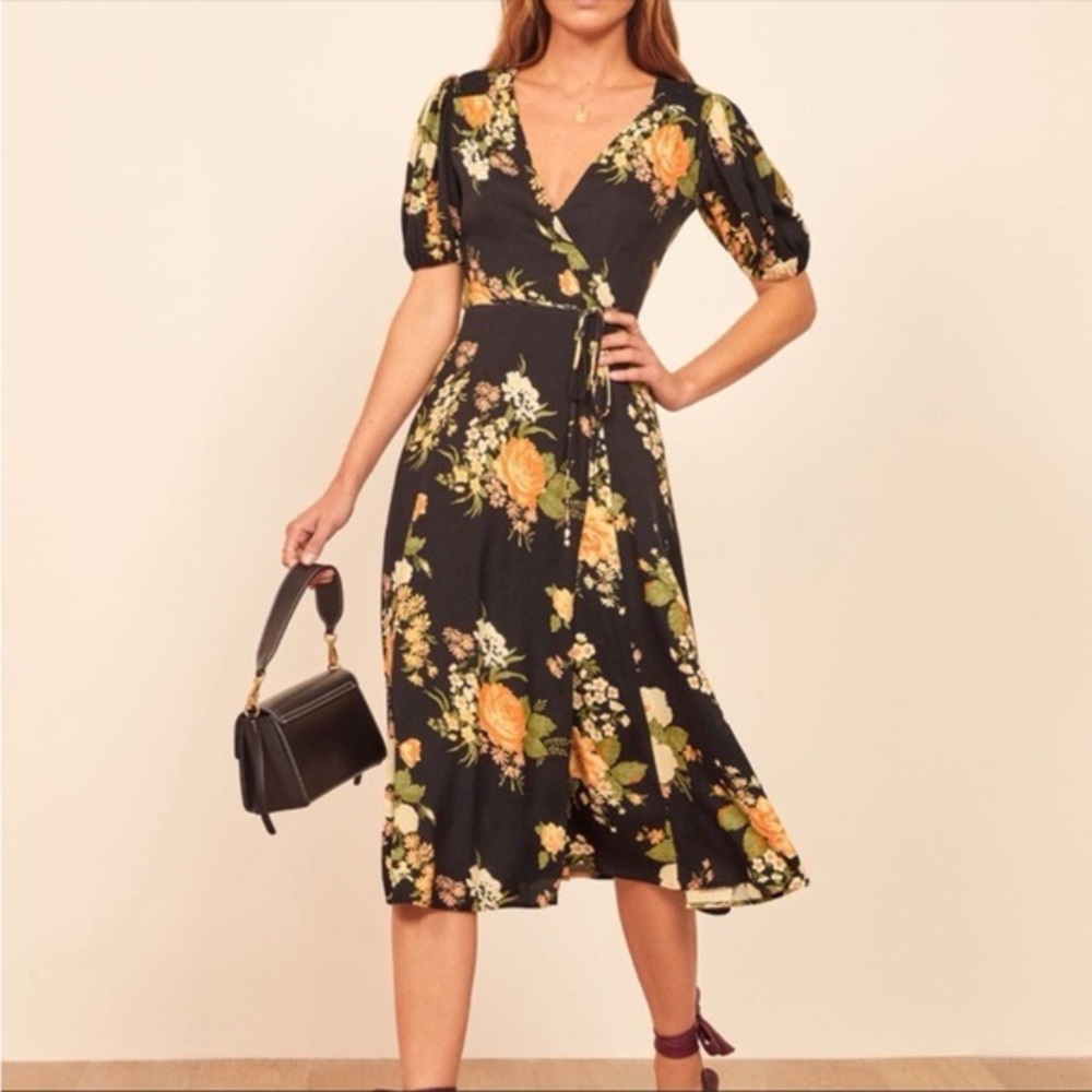Reformation Augustine Floral Wrap Midi Dress in Black. Small